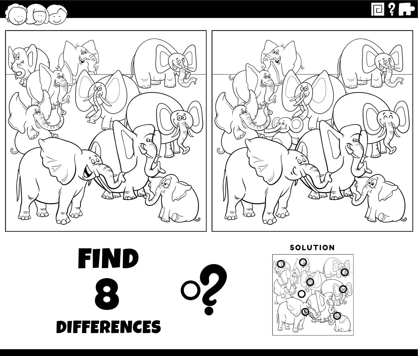 Black and white cartoon illustration of finding the differences between pictures educational game with elephants animal characters coloring page