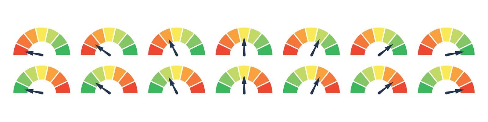Set of different colorful speedometers, meter gauge element, ratings of varying degrees of satisfaction. Level indicator collection. Vector isolated illustration by vikalost