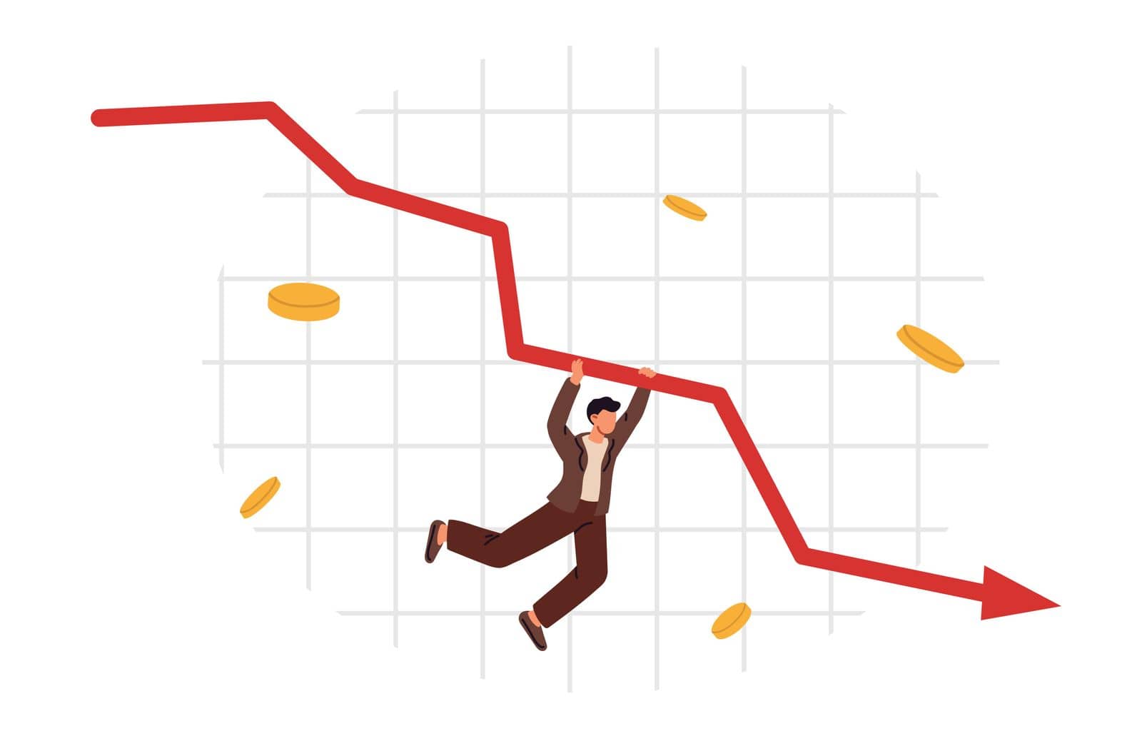 Global financial crisis, decline economy, bankruptcy. Arrow point downwards. Economic downturn. Flat vector illustration by vikalost
