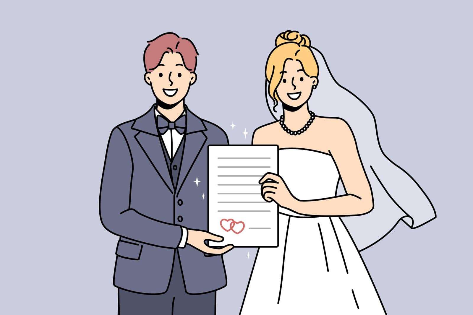 Smiling bride and groom hold marriage certificate by VECTORIUM