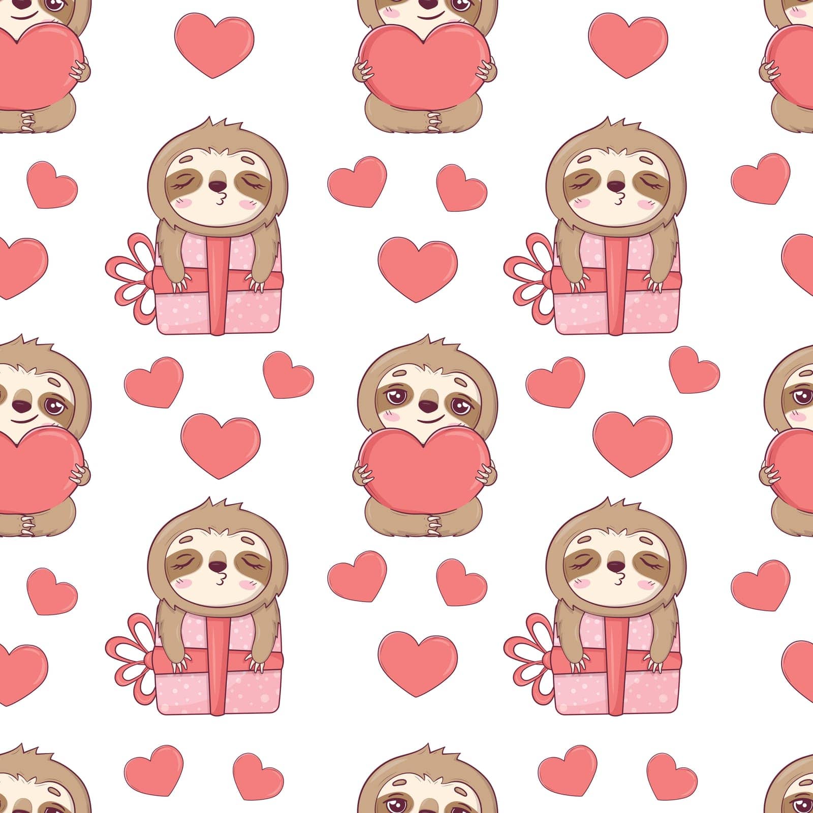 Seamless pattern with cute sloths for Valentine's Day in cartoon style for kids, children's books and games, print.