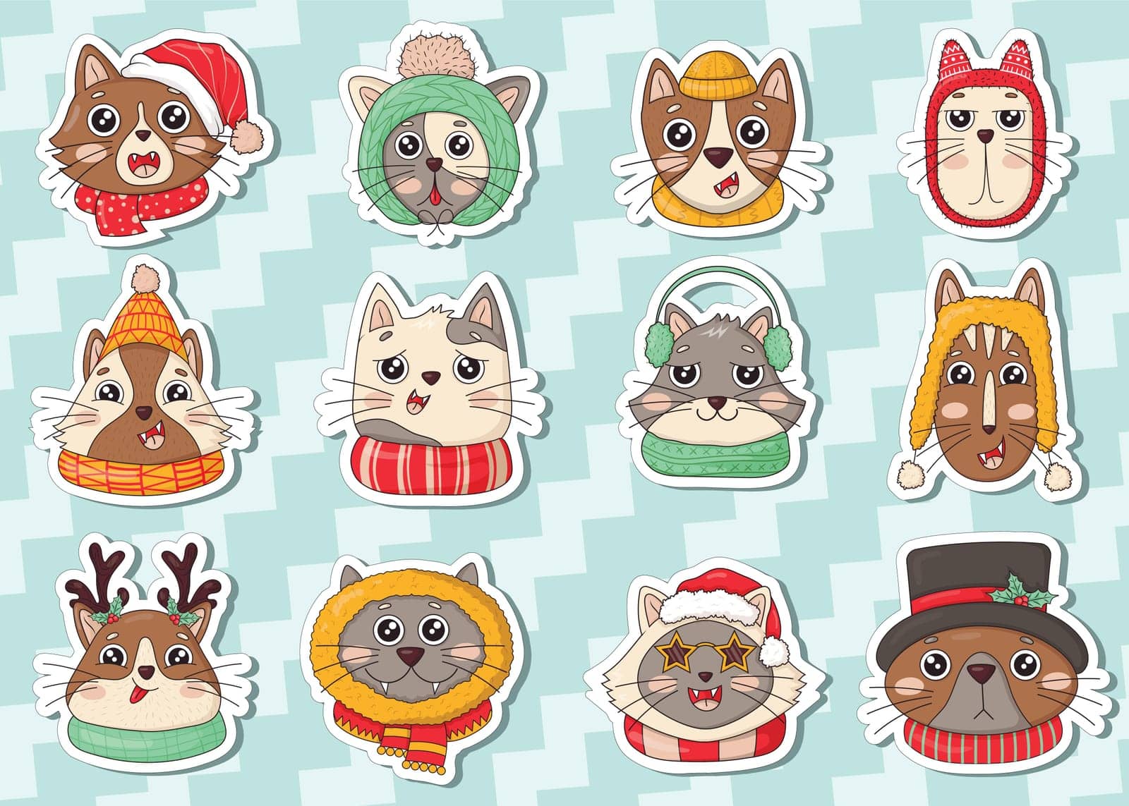 Bundle of stickers of cute Christmas cat head in knitted hats with pom-poms and scarves, top hat with holly, star glasses, deer antlers, winter clothes