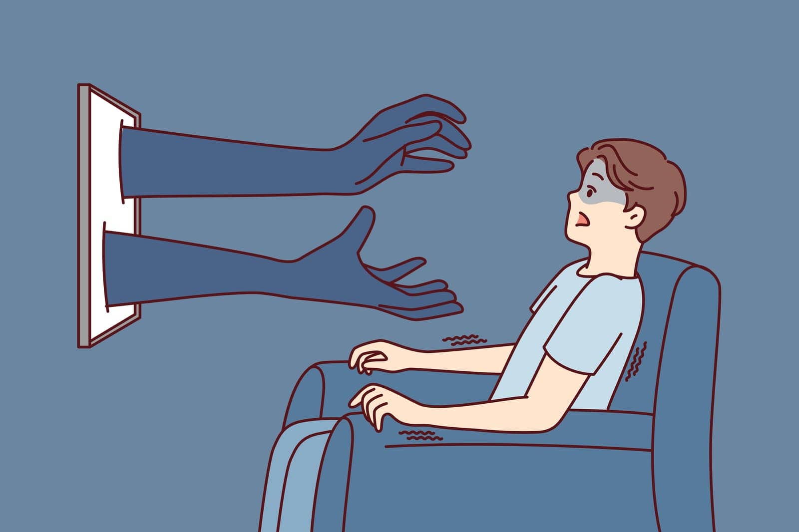 Man sitting in chair in front TV gets scared when sees hands reaching out from display. Shocked guy after learning unexpected information from documentary program opens mouth. Flat vector design