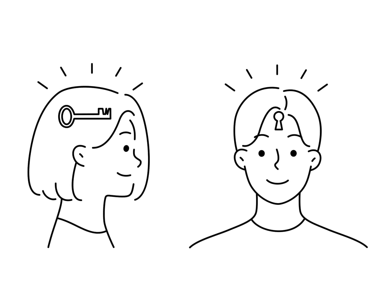 Woman with key in head and man with keyhole. People working together for problem solution. Concept of teamwork and problem solving. Vector illustration.