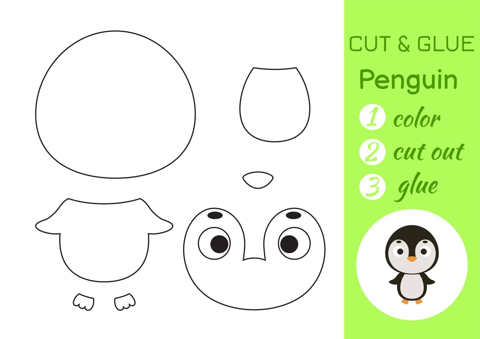 Color, cut and glue paper little penguin. Cut and paste crafts activity page. Educational game for preschool children. DIY worksheet. Kids logic game, puzzle. Vector stock illustration