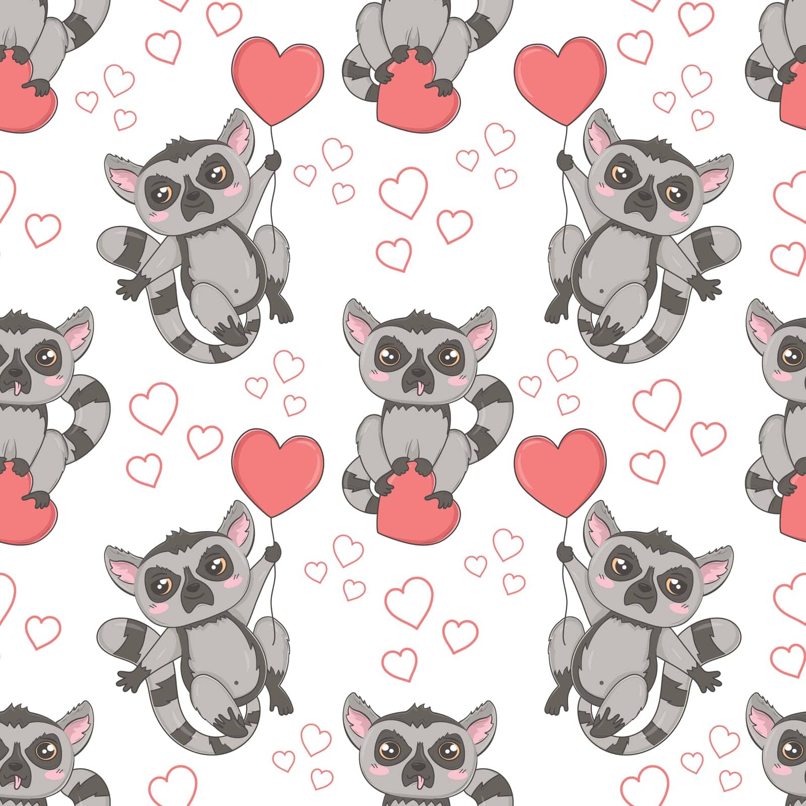 Seamless pattern with cute lemurs for Valentine's Day in cartoon style for kids, children's books and games, print.