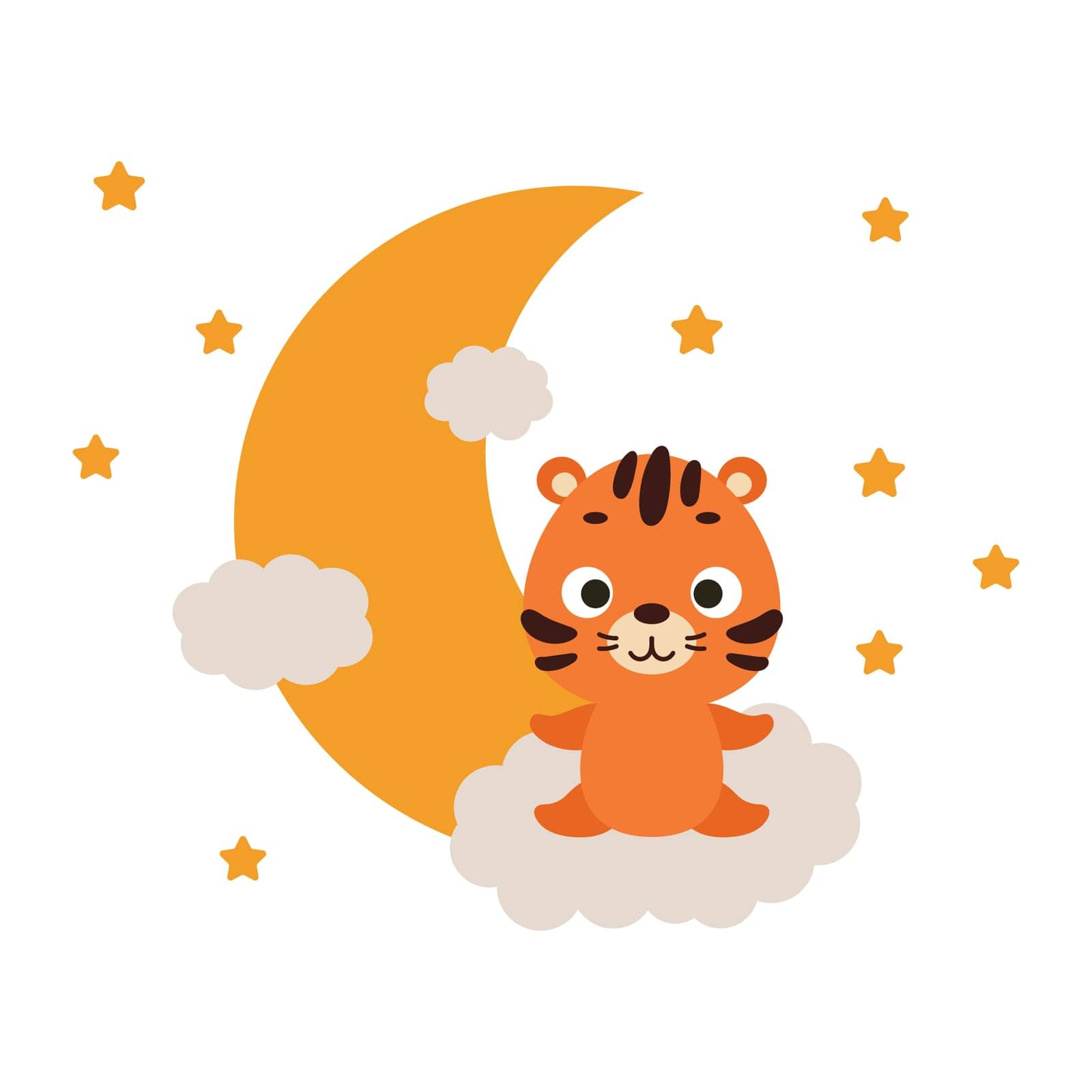 Cute little tiger sitting on cloud. Cartoon animal character for kids t-shirt, nursery decoration, baby shower, greeting cards, invitations, house interior. Vector stock illustration by Melnyk