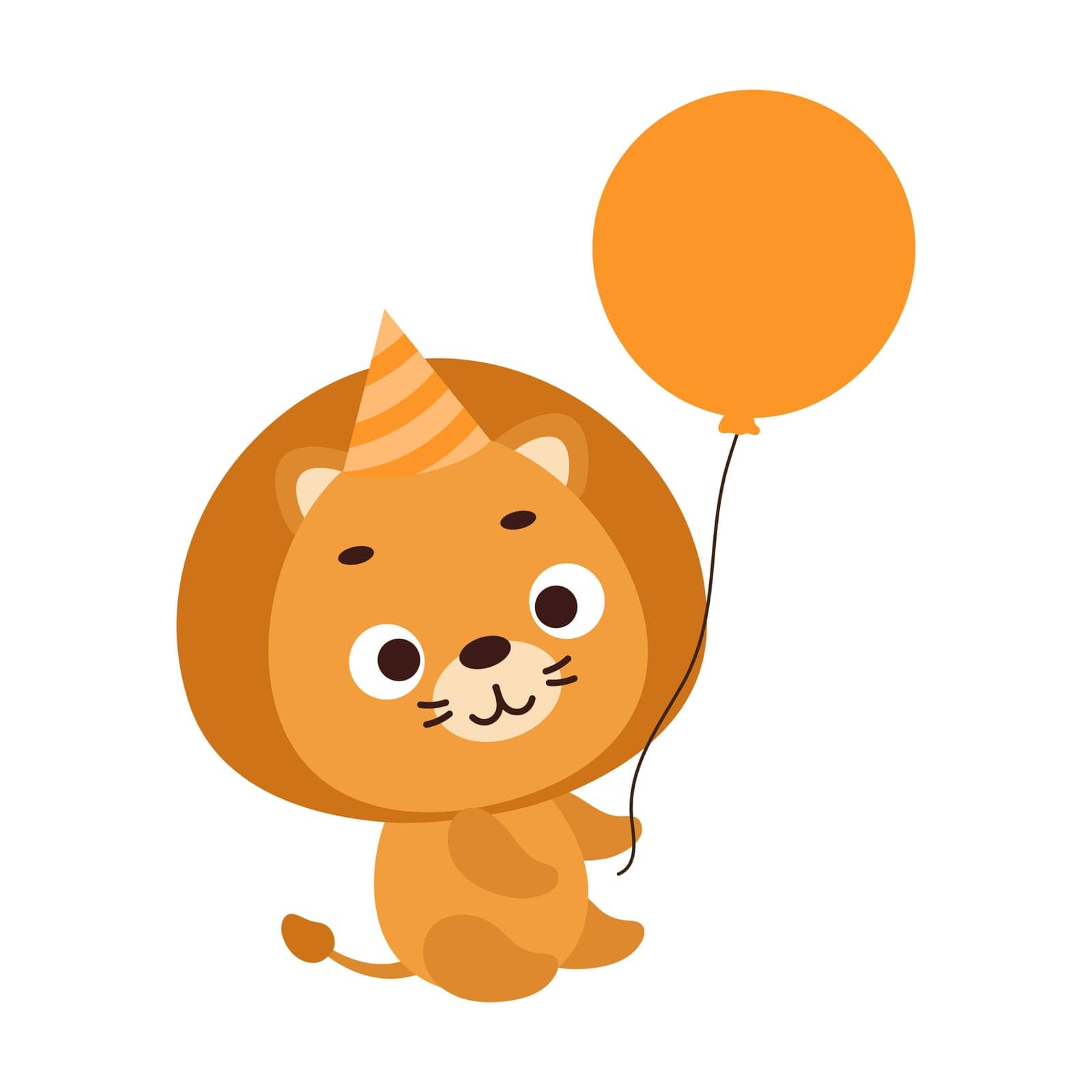 Cute little lion in birthday hat holding balloon. Cartoon animal character for kids t-shirt, nursery decoration, baby shower, greeting card, house interior. Vector stock illustration