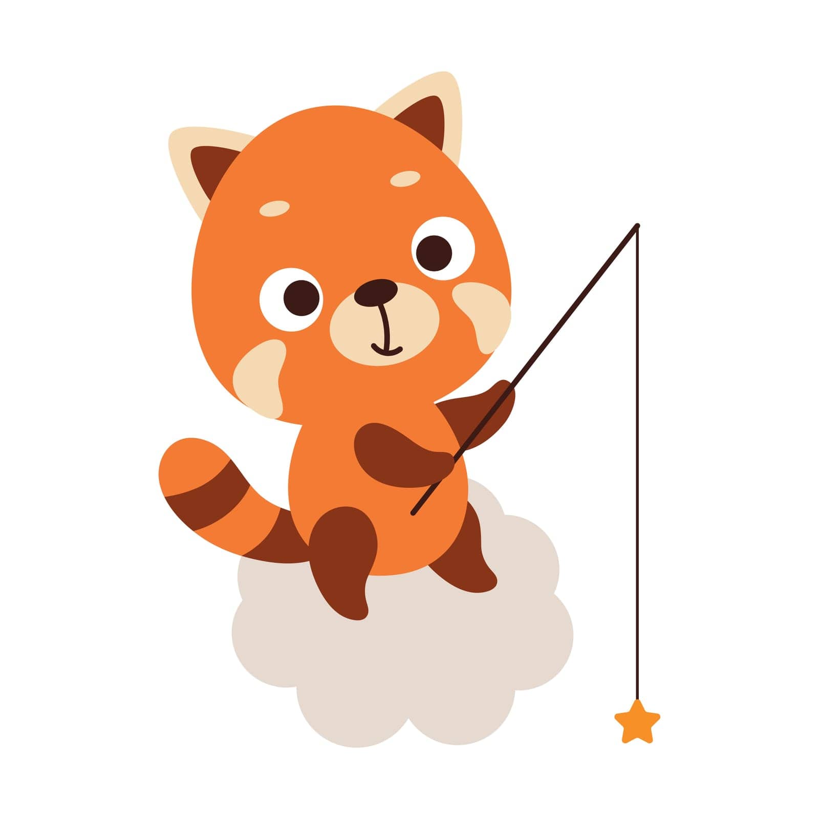Cute little red panda fishing star on cloud. Cartoon animal character for kids t-shirt, nursery decoration, baby shower, greeting cards, invitations, house interior. Vector stock illustration