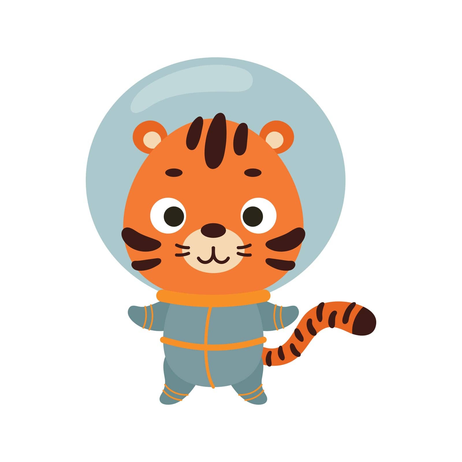 Cute little spaceman tiger on white background. Cartoon animal character for kids t-shirts, nursery decoration, baby shower, greeting card, invitation, house interior. Vector stock illustration by Melnyk