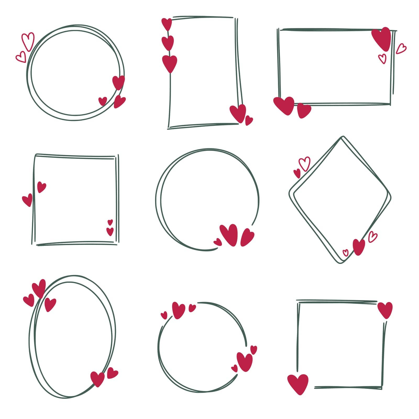 Hand drawn frames with hearts set. Sketch shapes round, oval, square, rectangular, rhombus. Cute wreaths for invitations and postcards. Rims with hearts for valentines day or wedding. Flat isolated illustration, vector