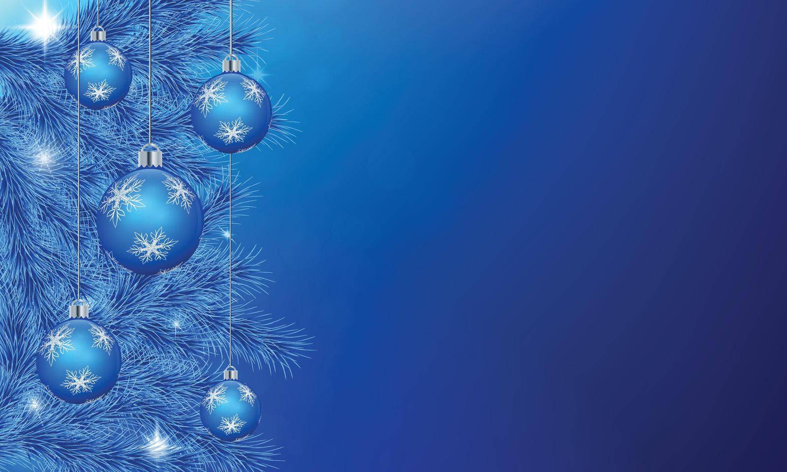 Festive background with blue pine tree branch. Hanging shiny christmas balls, stars decoration.