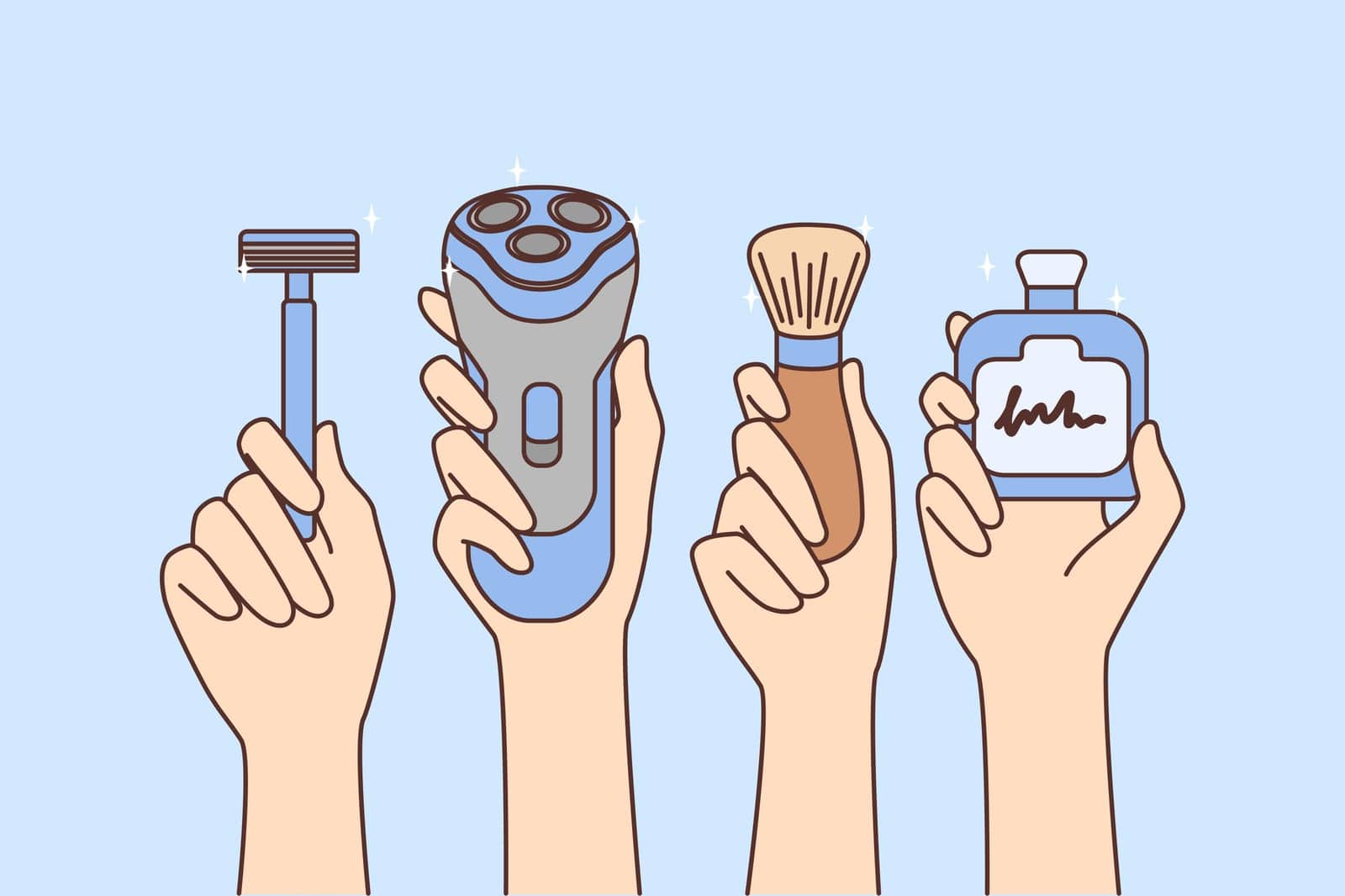 Hands holding different tools for shaving. People with shave accessories. Male skincare and hygiene. Barbershop and hairstyle. Vector illustration.