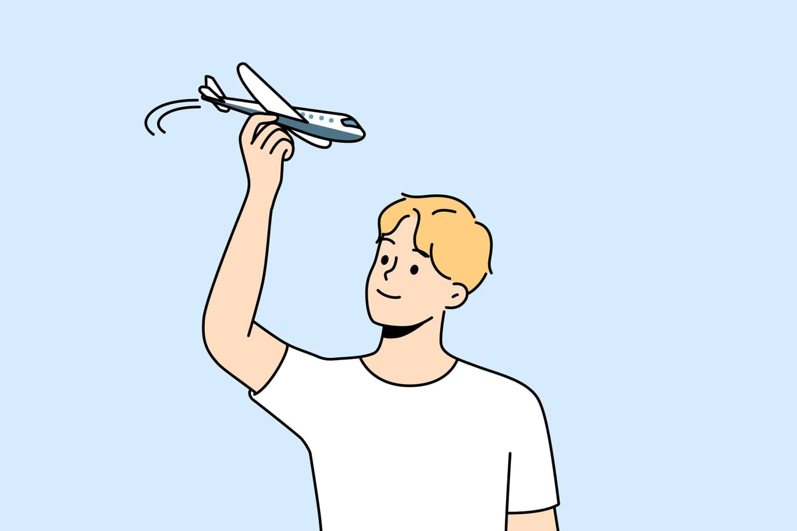 Young man have fun playing with airplane model. Smiling guy flying with plane miniature. Aviation and hobby. Vector illustration.