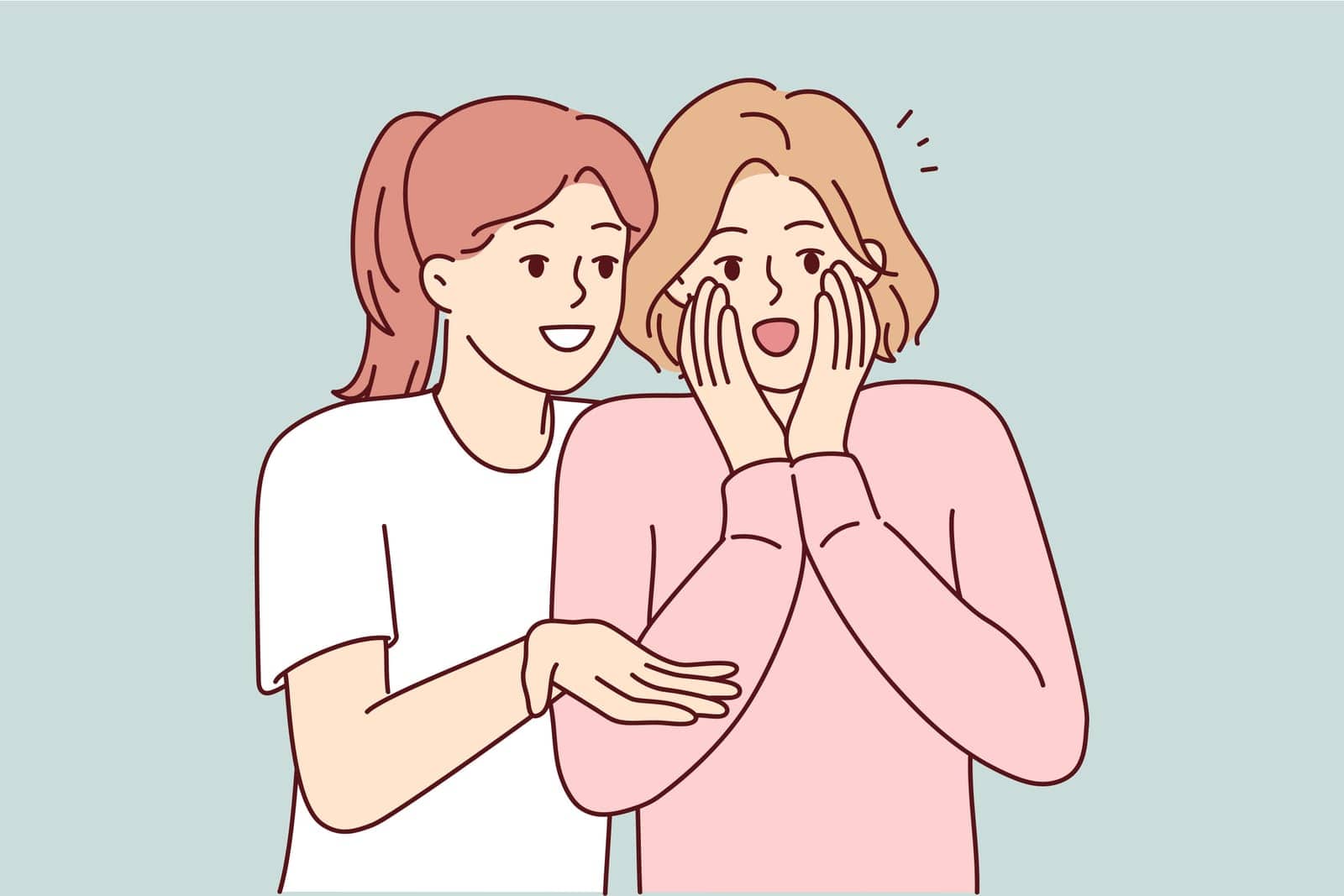 Woman shares gossip with friend by telling stories she read in tabloids or Internet. Girl is surprised to open mouth wide when she hears unexpected facts or sees attractive guy. Flat vector image