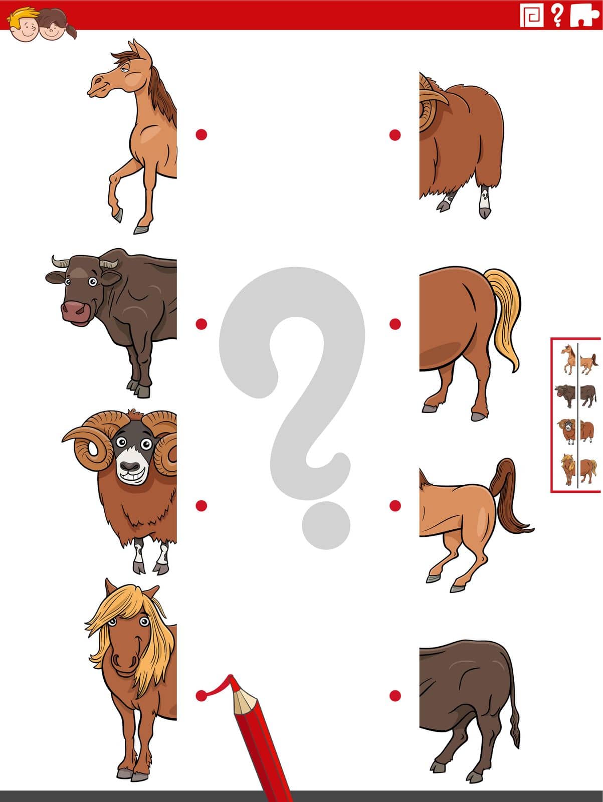 Cartoon illustration of educational game of matching halves of pictures with farm animals characters