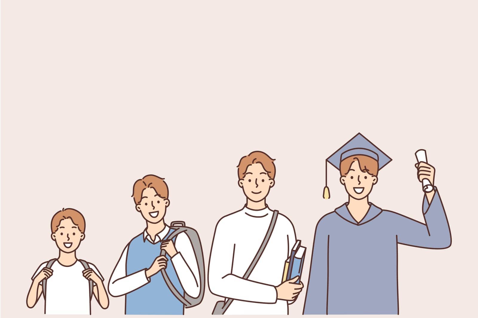 Characters of different ages - elementary school student, high school, college student, university student and graduate. Stages of growing up and growth of a student boy