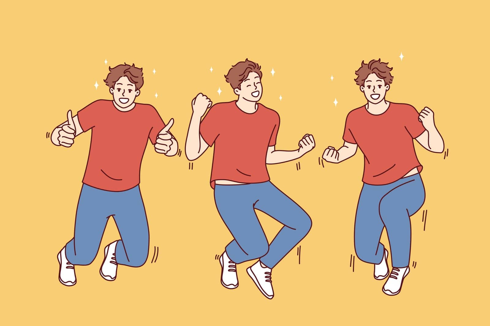 Jumping young man making winning gestures feeling joy and happiness from winning bet or jackpot. Guy in casual clothes and sneakers show overjoyed at achieving ambitious goals. Flat vector image