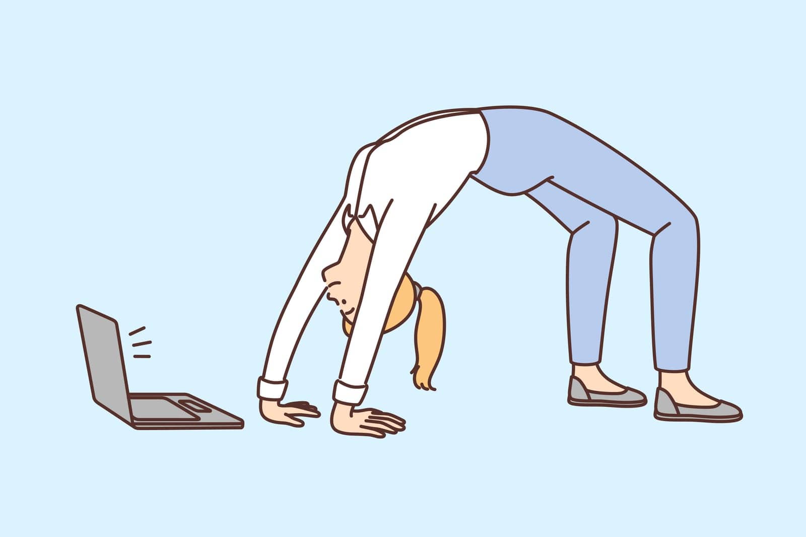 Businesswoman do gymnastics on floor watching online lesson on laptop. Female employee in uniform train with webcam training or fitness class on computer. Vector illustration.