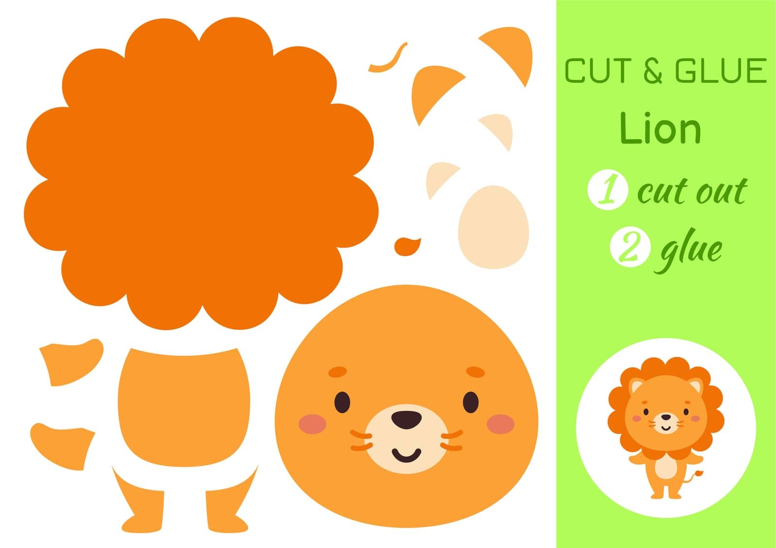 Cut and glue paper little lion. Kids crafts activity page. Educational game for preschool children. DIY worksheet. Kids art game and activities jigsaw. Vector stock illustration