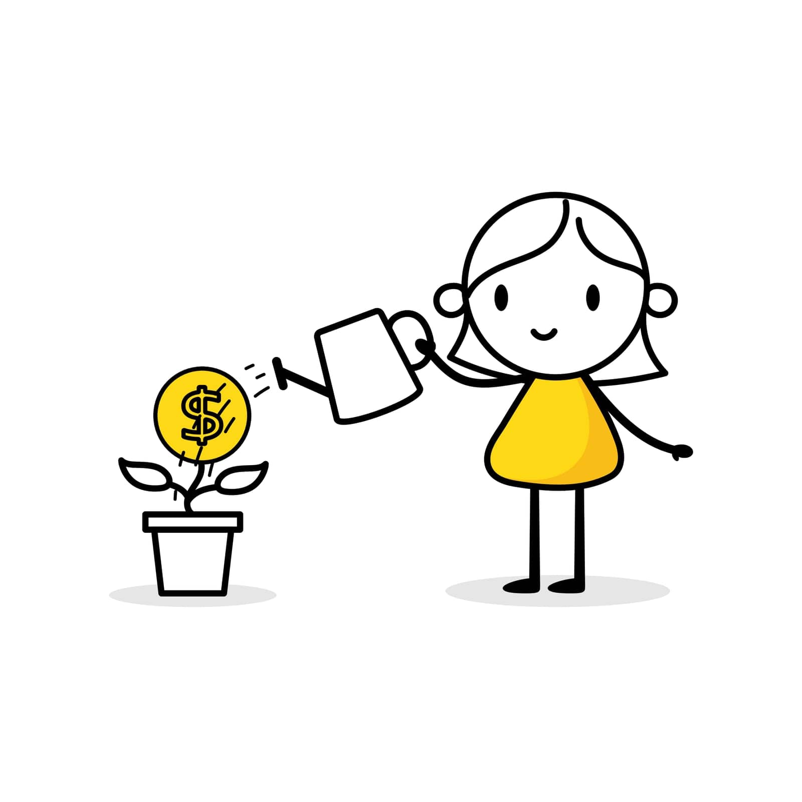 Woman is watering a money tree with a watering can. Boy gardener grows plant. Green economy and funding concept. Vector stock illustration by Melnyk