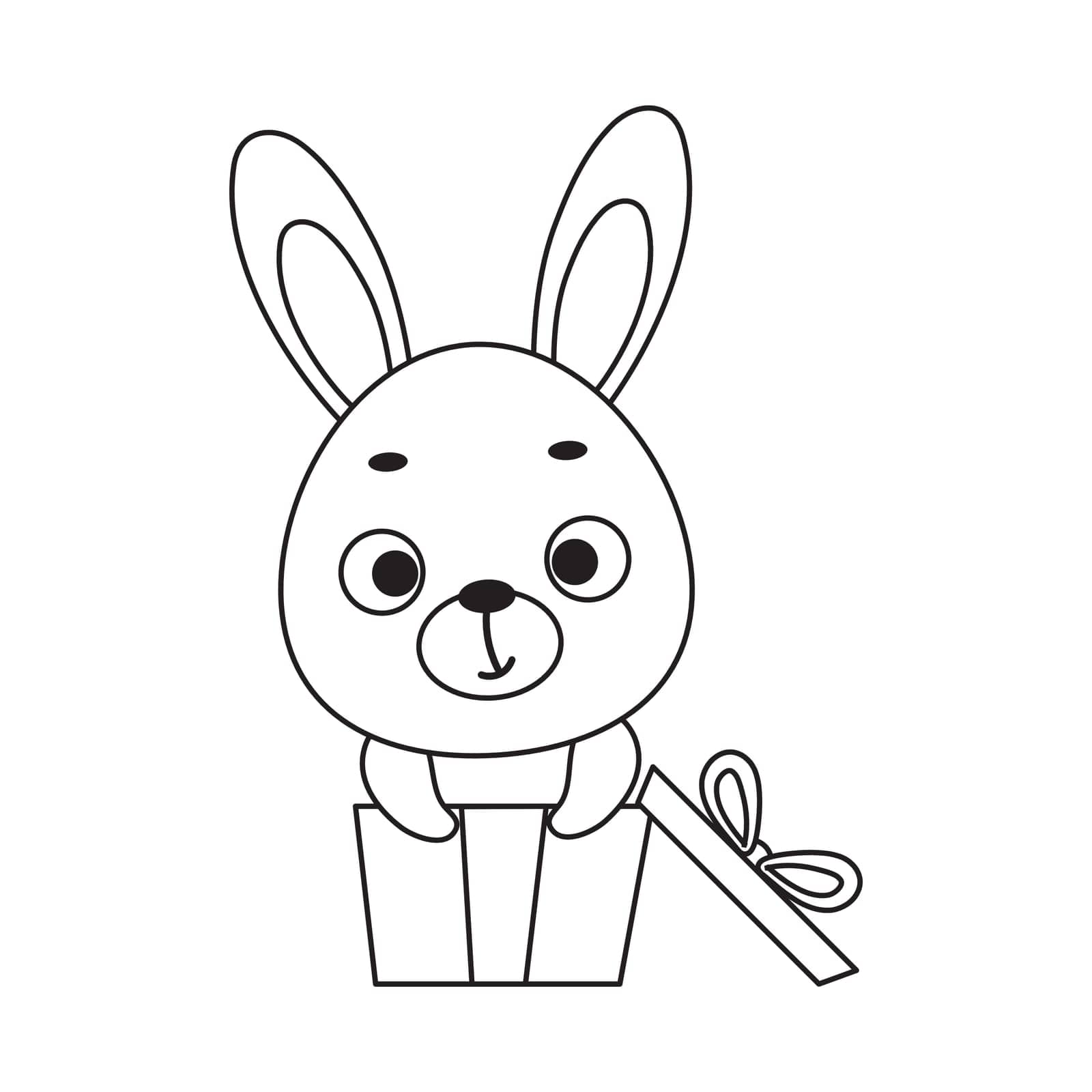 Coloring page cute little hare sitting in gift box. Coloring book for kids. Educational activity for preschool years kids and toddlers with cute animal. Vector stock illustration by Melnyk