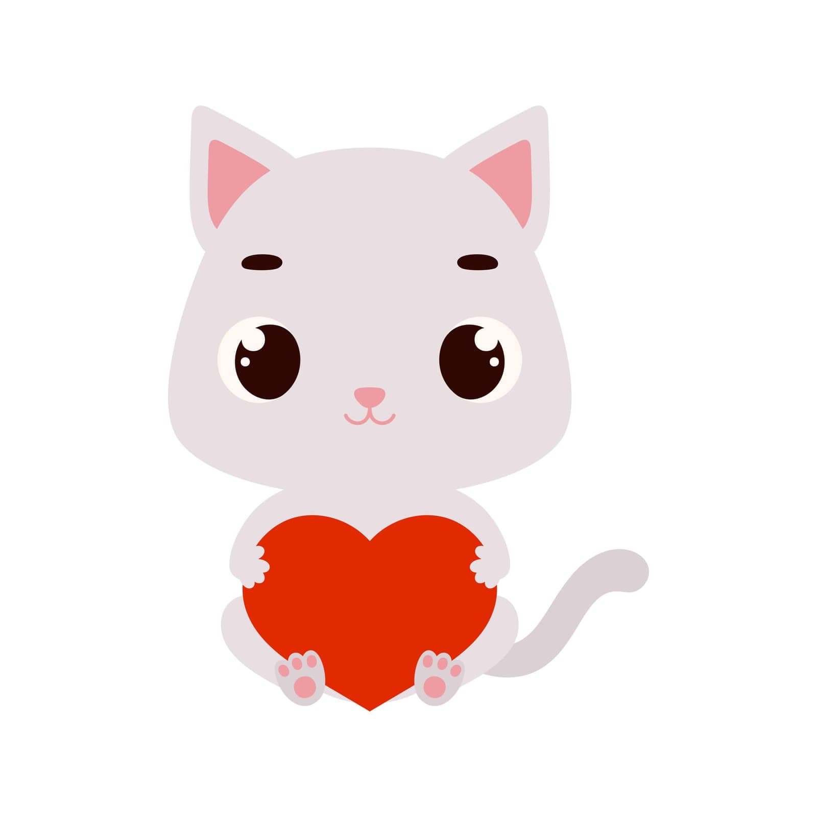 Cute little sitting cat holds heart. Cartoon animal character for kids cards, baby shower, invitation, poster, t-shirt composition, house interior. Vector stock illustration