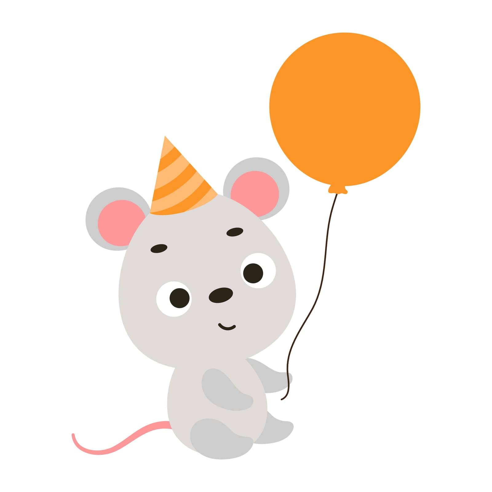 Cute little mouse in birthday hat holding balloon. Cartoon animal character for kids t-shirt, nursery decoration, baby shower, greeting card, house interior. Vector stock illustration by Melnyk