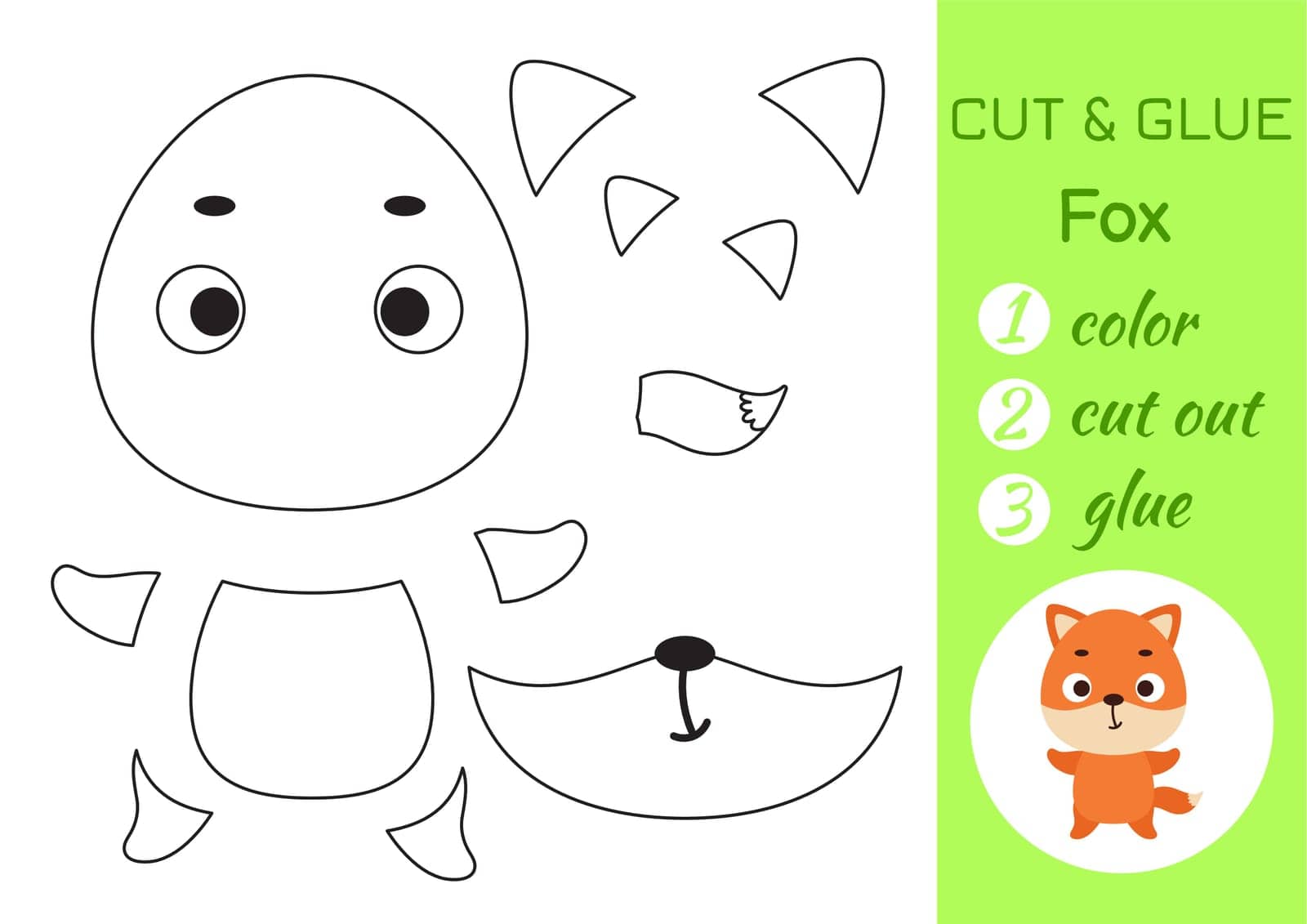 Color, cut and glue paper little fox. Cut and paste crafts activity page. Educational game for preschool children. DIY worksheet. Kids logic game, puzzle. Vector stock illustration by Melnyk