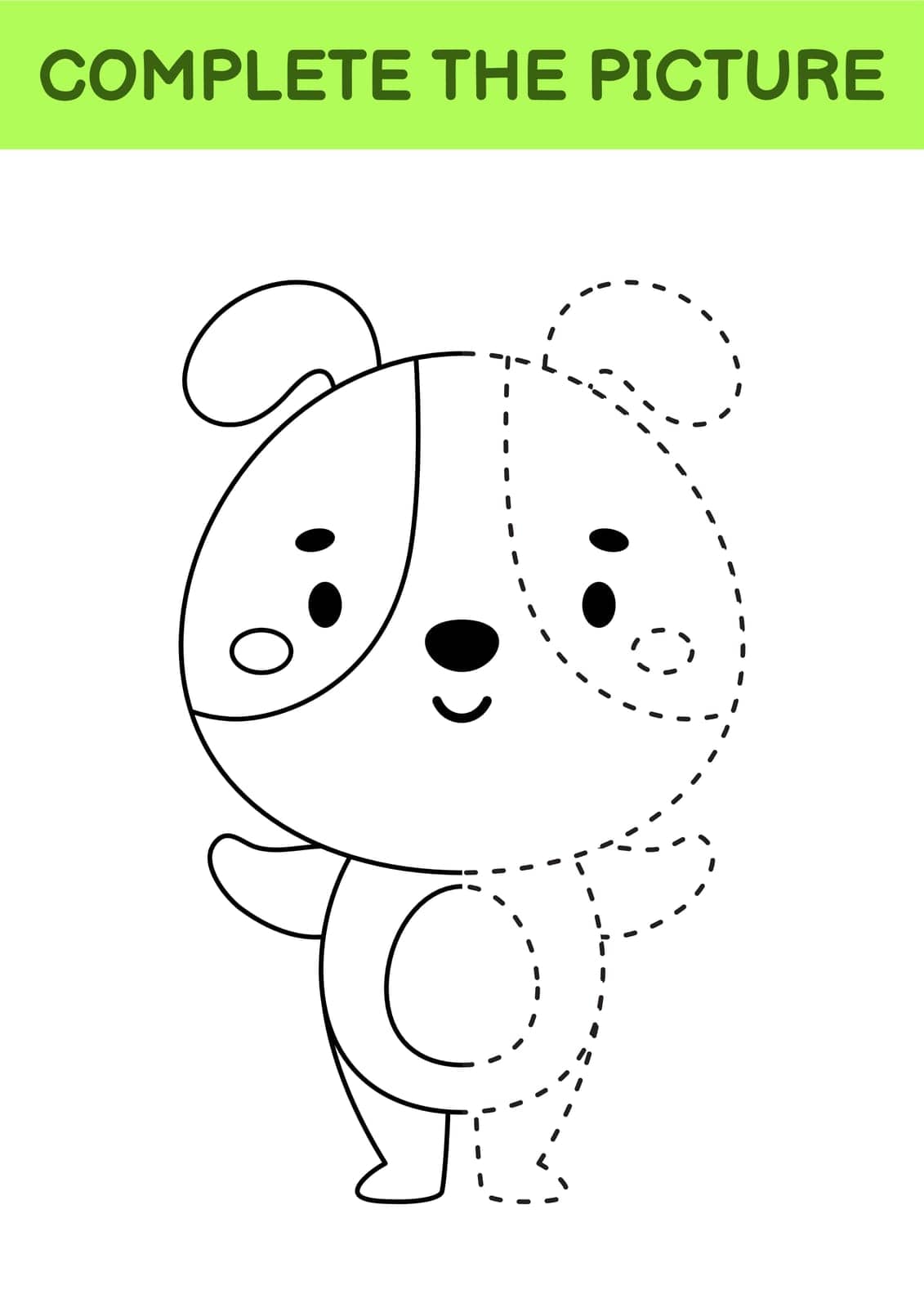 Complete drawn picture of cute dog. Coloring book. Dot copy game. Handwriting practice, drawing skills training. Education developing printable worksheet. Activity page. Vector illustration
