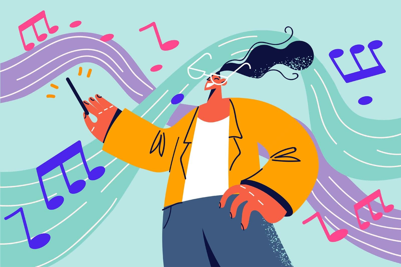 Smiling woman with baton in hands lead orchestra. Happy female conductor with stick play music in concert hall. Occupation. Vector illustration.