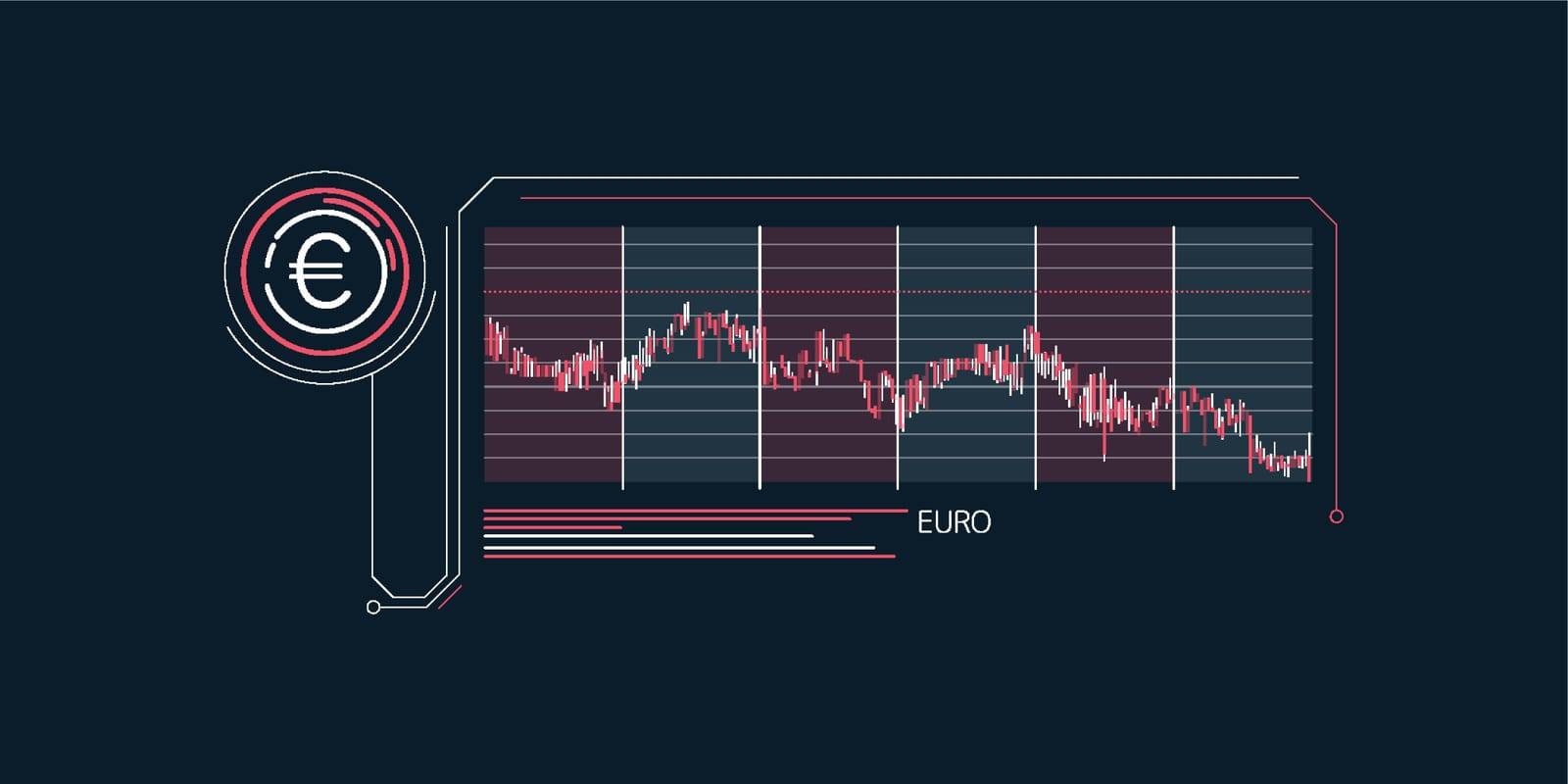 A laconic, simple infographic showing the fall of the euro on the stock exchange. Vector illustration.