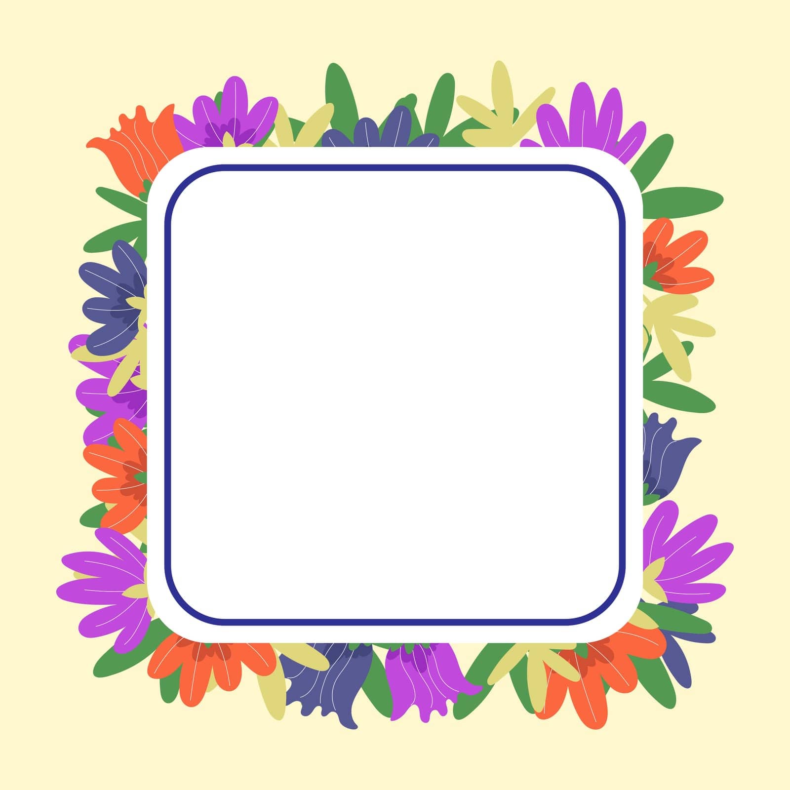 Text Frame Surrounded With Assorted Flowers Hearts And Leaves. Framework For Writing Ringed With Different Daisies, Hearts And Tree Leaves. Yellow color. Square shape. by nialowwa