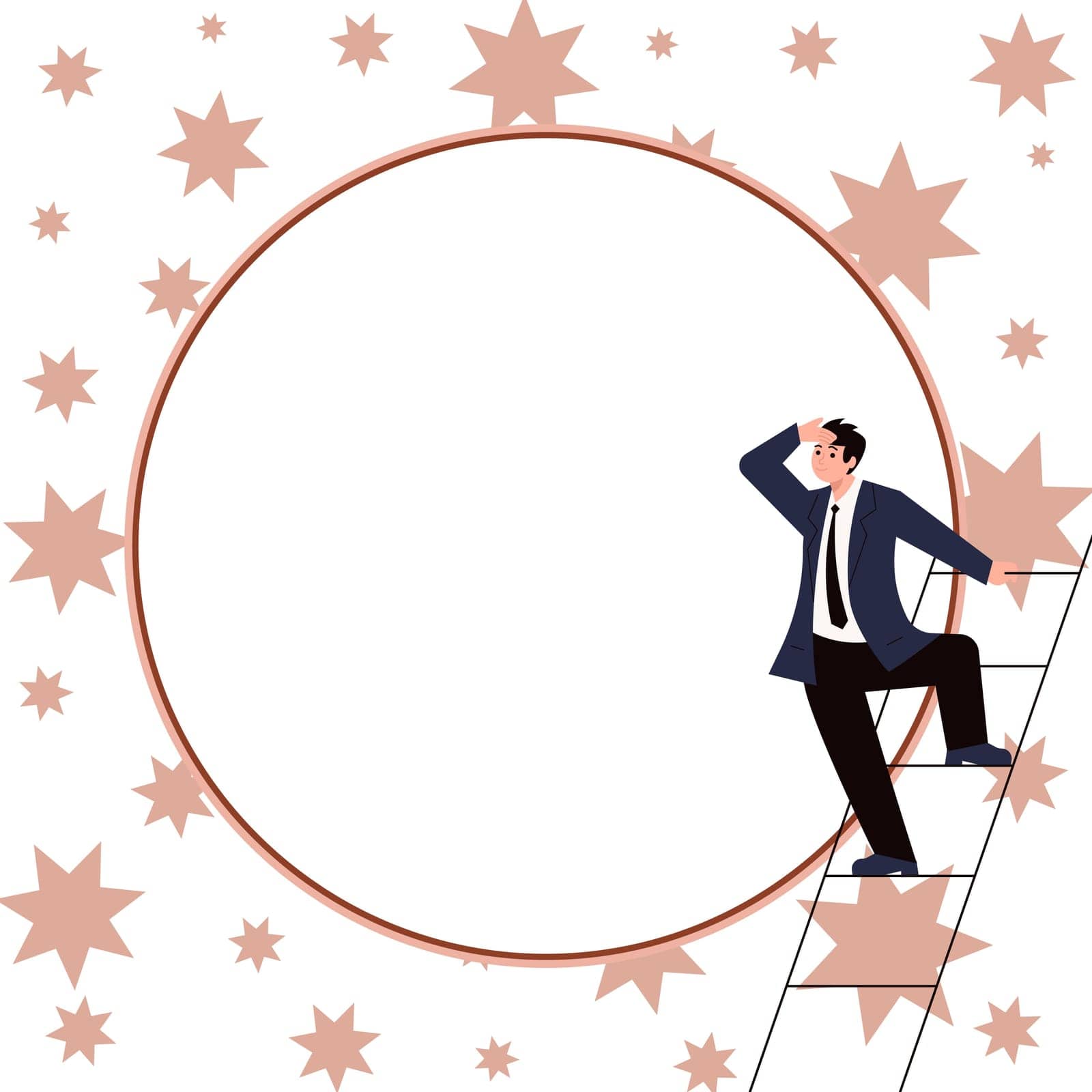Businessman standing on stairs looking at text. Big whiteboard contains important information. Empty speech bubble with brand new Ideas. Presented Critical Updates. by nialowwa