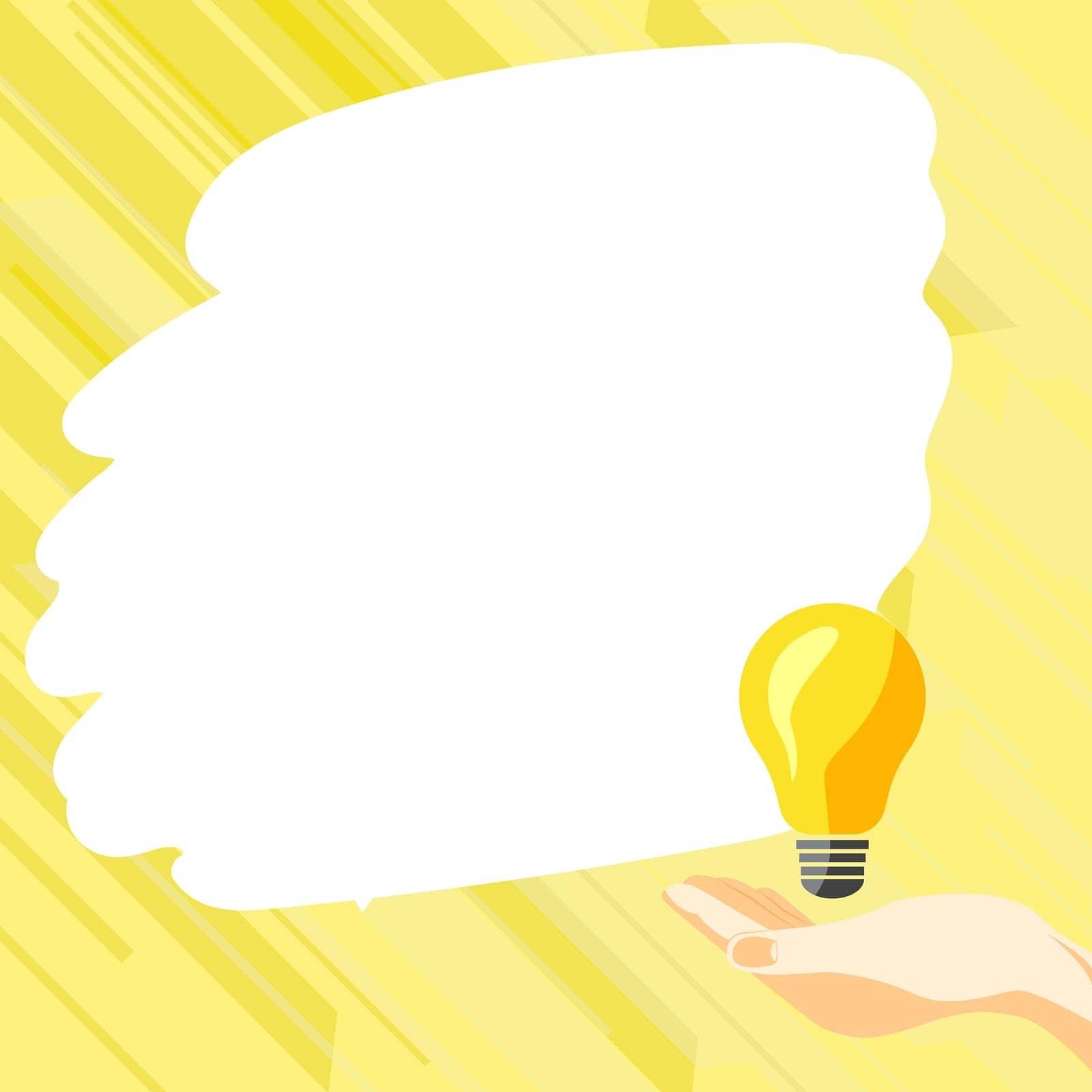 Drawn Hand holding yellow bulb. Important message written on white textholder. Main information in cropped speech bubble over colored comic background. by nialowwa