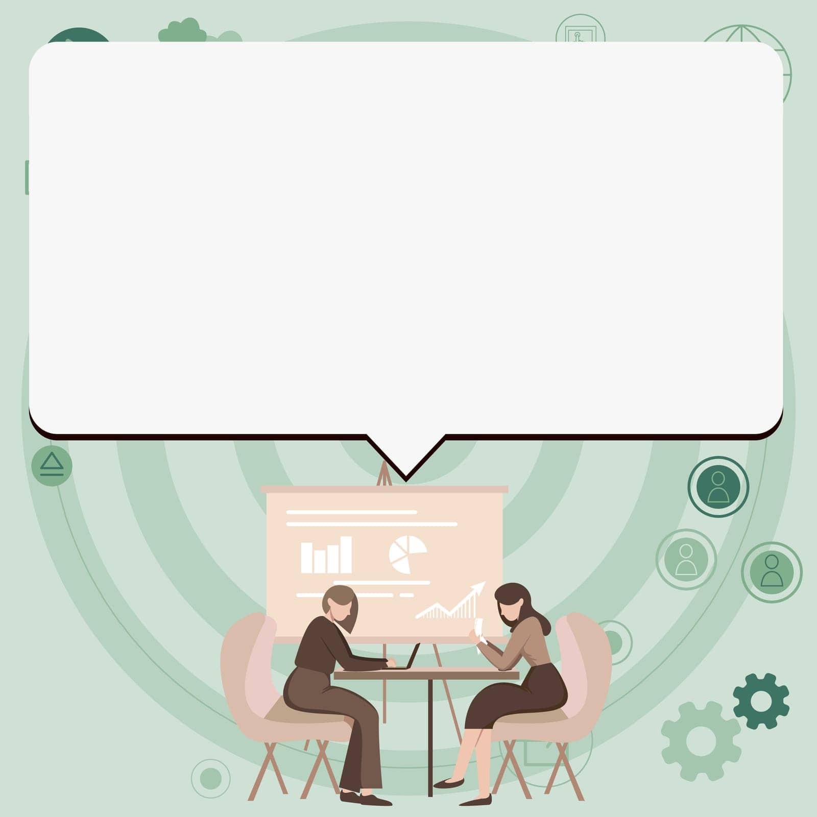 People sitting at table discussing latest news. White dialogue bubble contains important information. Empty big whiteboard for text on bright colored background. by nialowwa