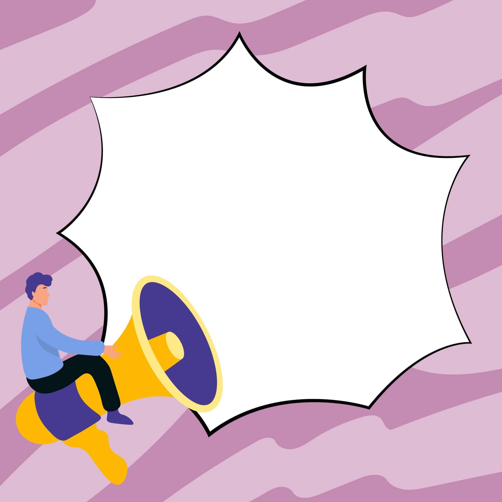 Man sitting on megaphone. Empty dialog bubble for brand new information.