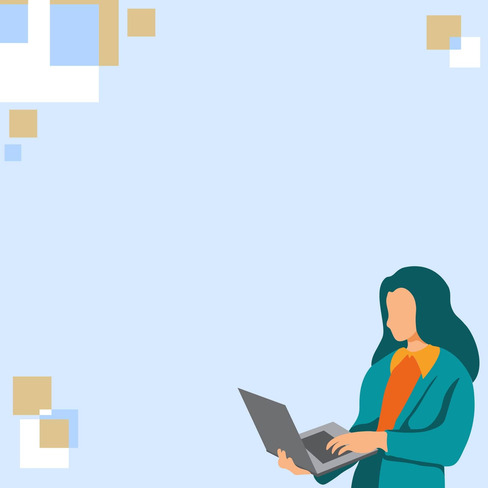 Businesswoman standing on the bright colored background. Woman holding laptop and typing text. Big white speech bubble contains important information. Presenting agenda. by nialowwa