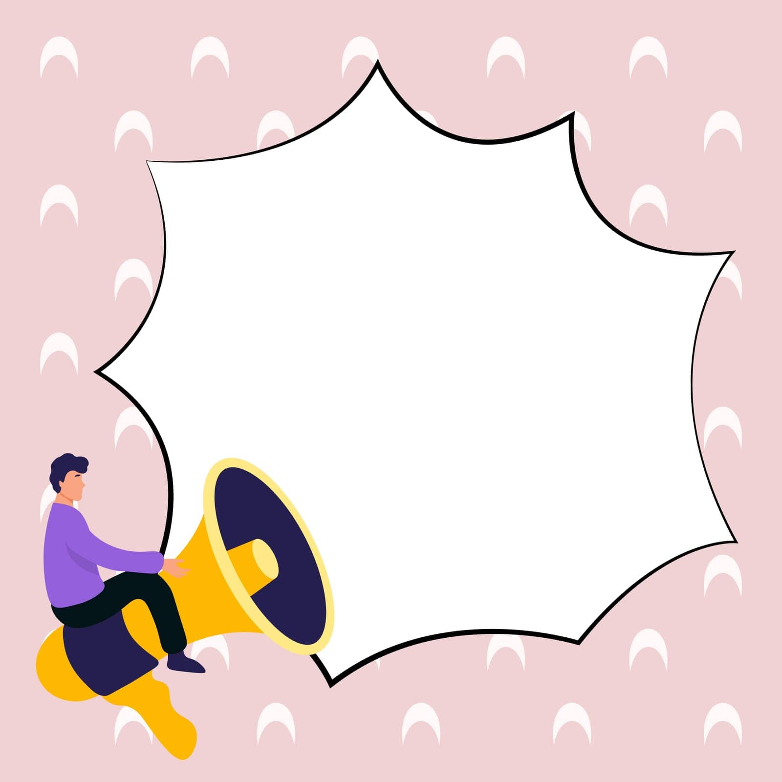 Man sitting on megaphone. Big empty dialog bubble for brand new information. White blank space for text. Presented Critical Updates. Bright colored background. by nialowwa