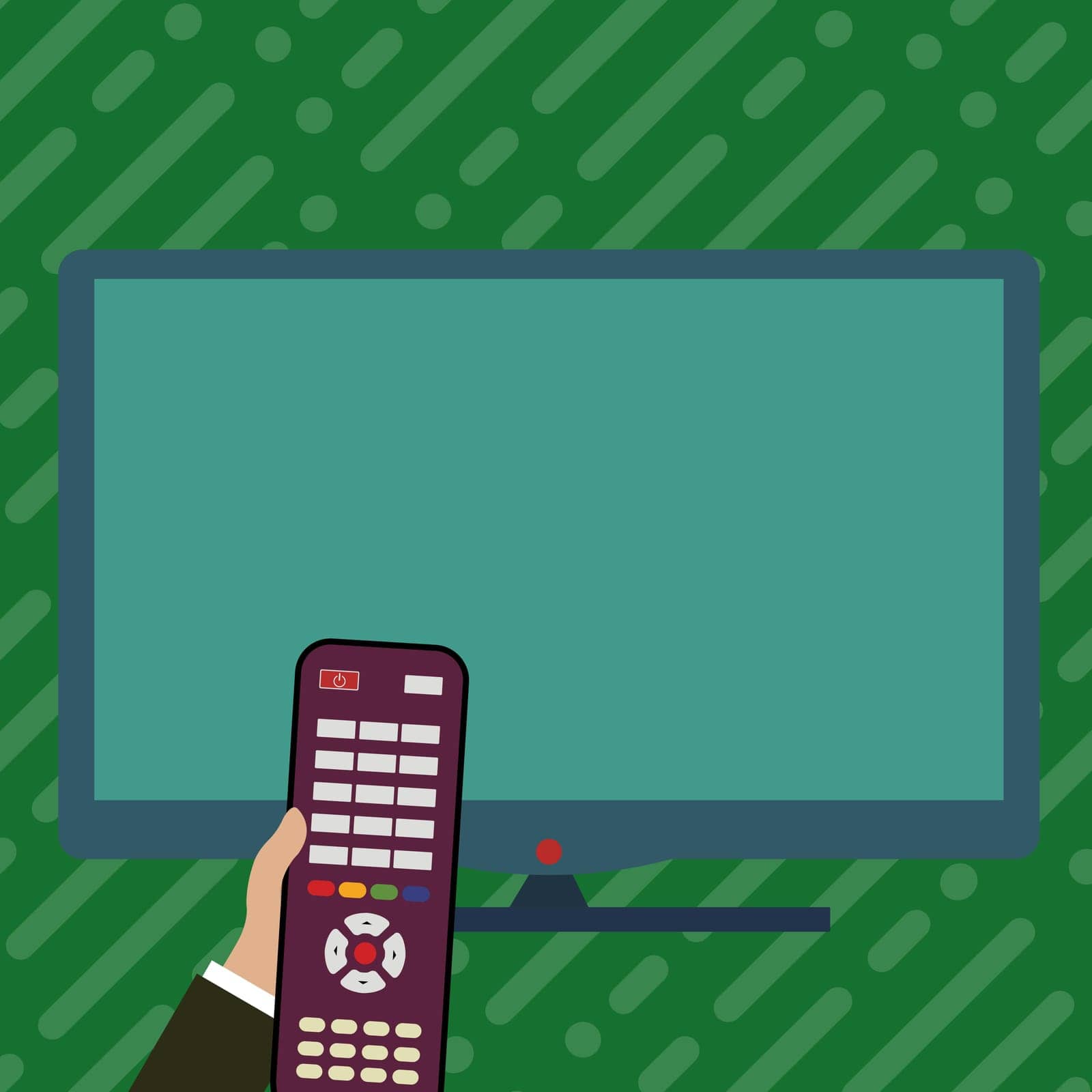 Illustration with TV and hand holding remote control. Important information on screen. Monitor contains Main message. Display on Bright colored background. by nialowwa