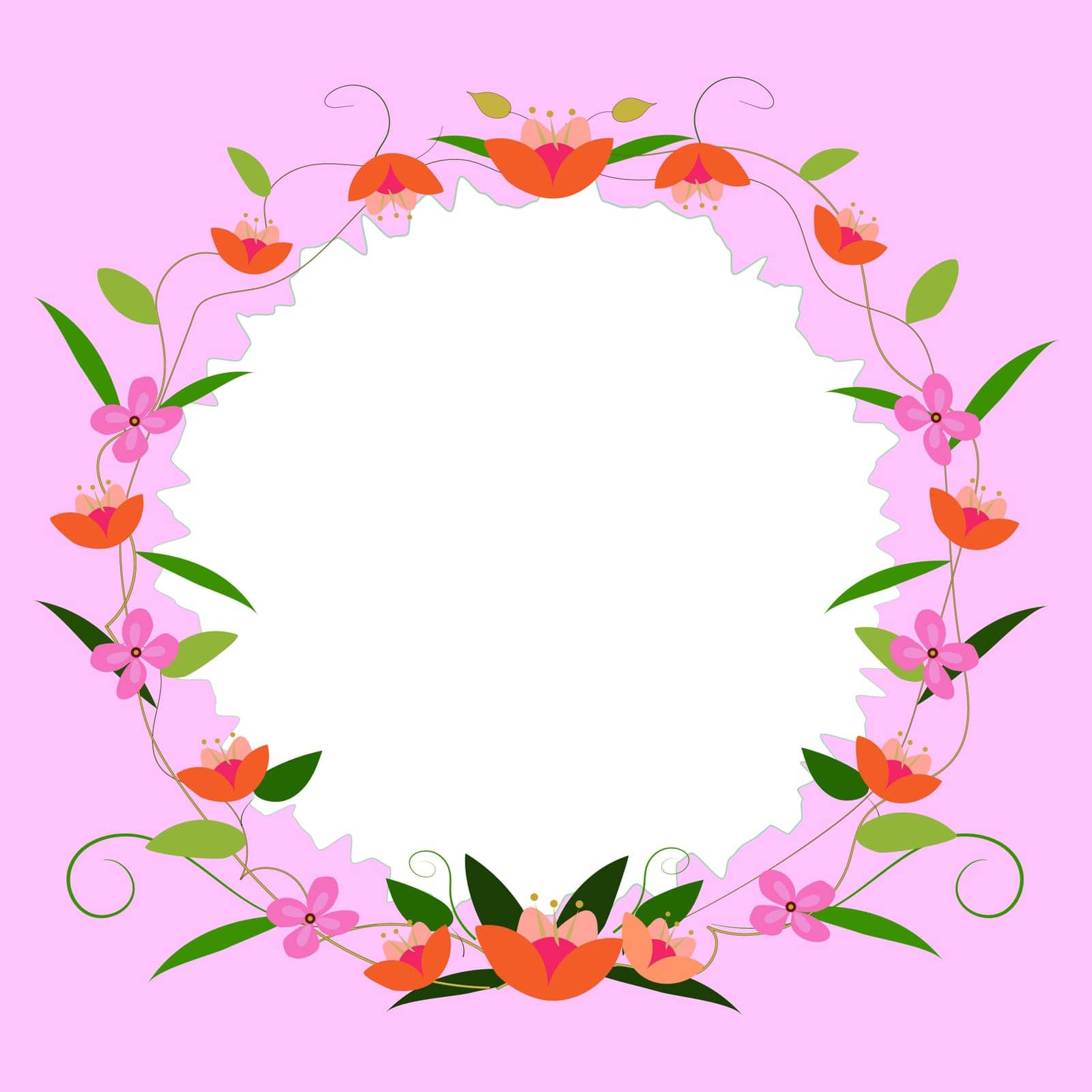 Blank pink Frame Decorated With Colorful Flowers And Foliage Arranged Harmoniously. Empty Poster Border Surrounded By Multicolored Bouquet Organized Pleasantly. by nialowwa