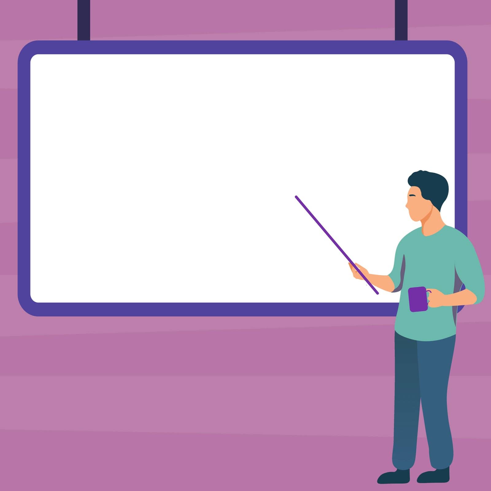 Man pointing with pointer stick to important information written on whiteboard. Large Conversation Balloon with New Ideas. Blank speech bubble contains Recent Updates. by nialowwa
