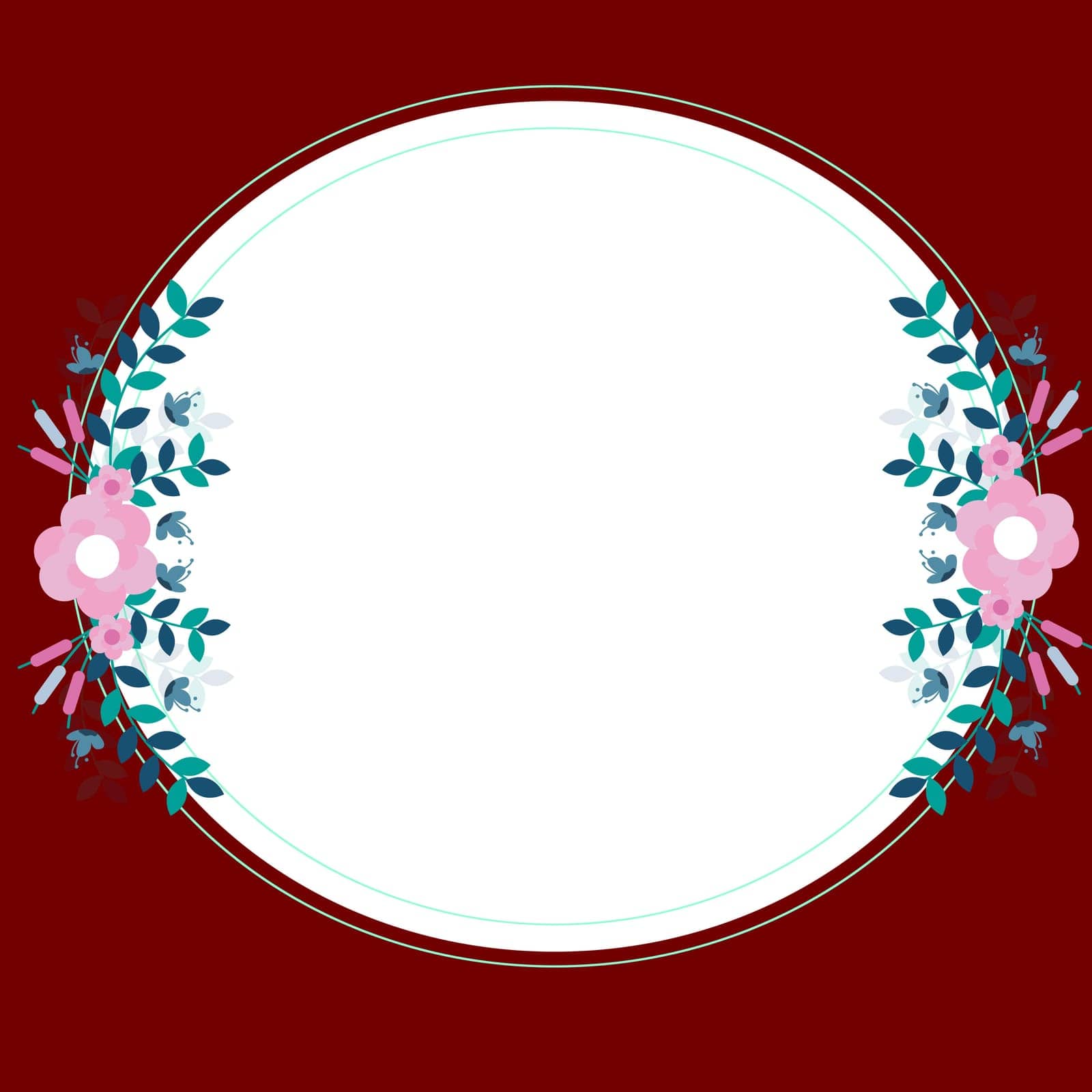 Red Blank Circle Frame Decorated With Colorful Flowers And Foliage