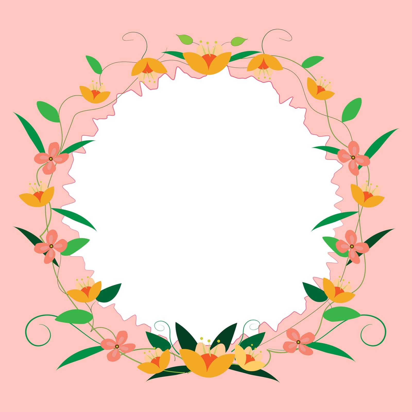 Pink Color. Text Frame Surrounded With Assorted Flowers Hearts And Leaves.