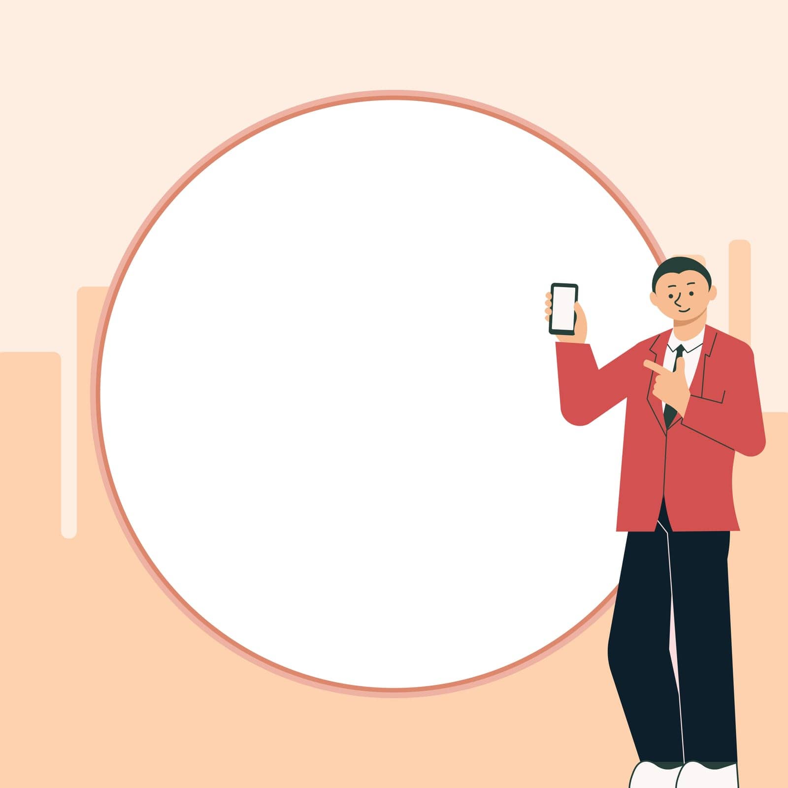 Businessman holding cellphone. Big speech bubble on colored background.