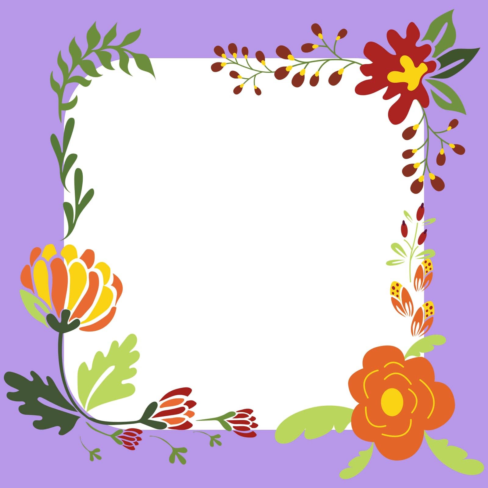 Blank purple Frame Decorated With Colorful Flowers And Foliage