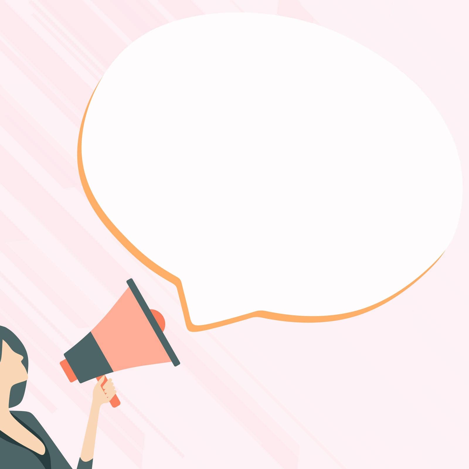 Woman Presenting Text with megaphone. Dialog box on brihgt background.