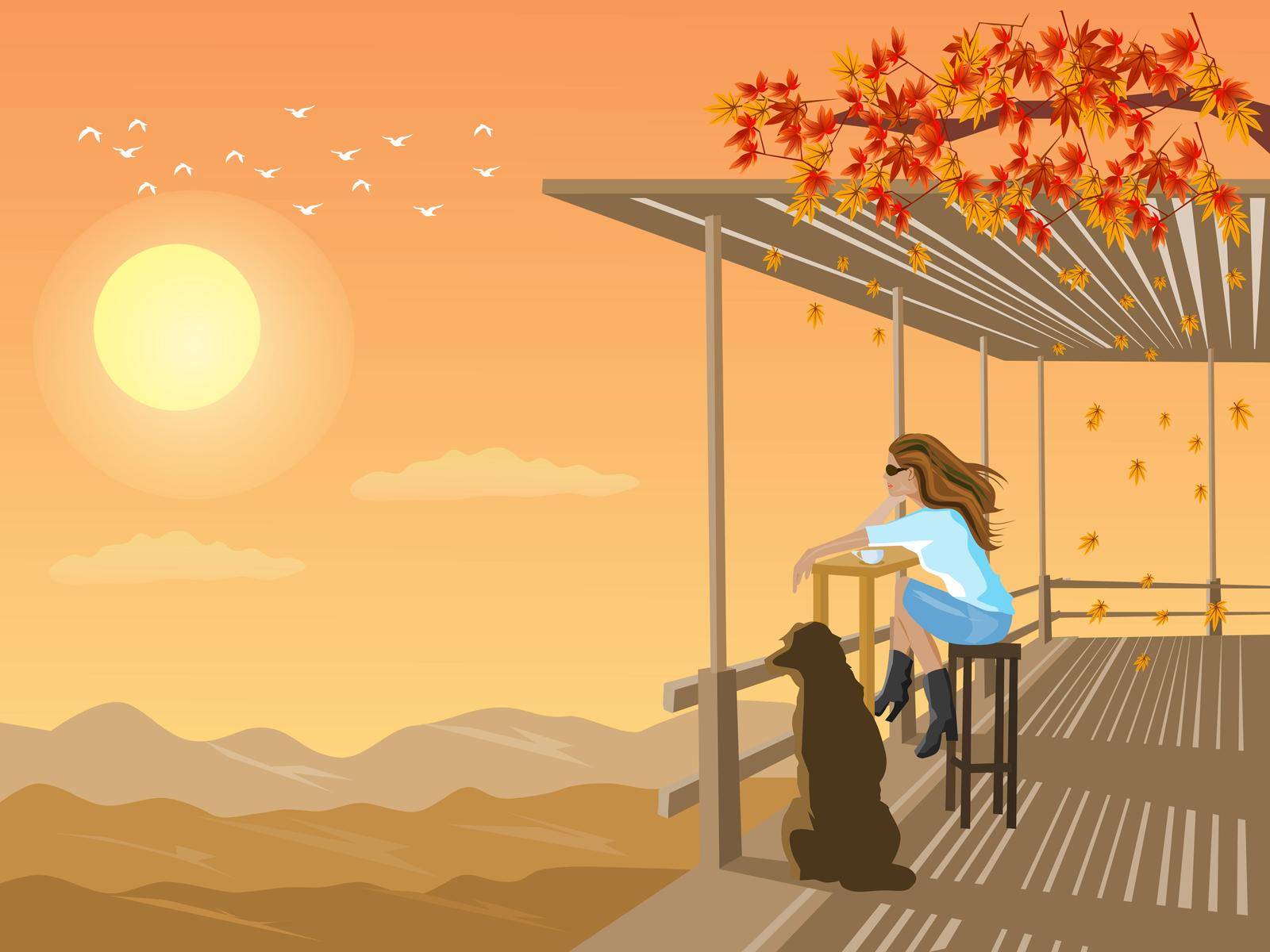 A woman and a dog look at the sunset in a bamboo shed on a mountain with sunset in the background.