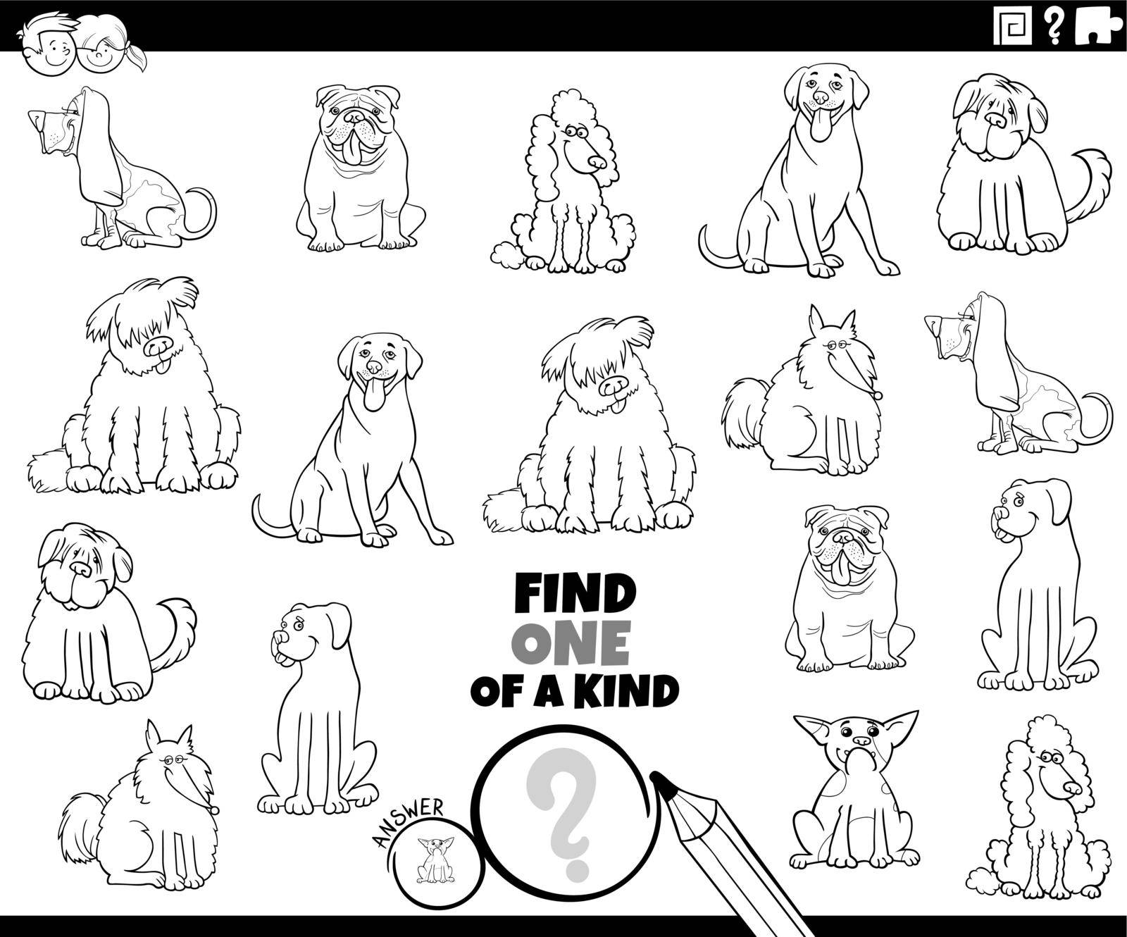Black and white cartoon illustration of find one of a kind picture educational task with purebred dogs comic animal characters coloring book page