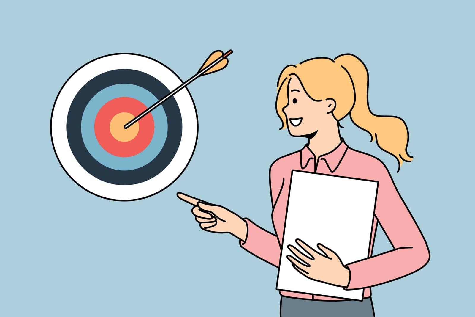 Smiling successful businesswoman posing near arrow reaching hitting target. Confident motivated female employee show aim achievement. Success at work. Vector illustration.